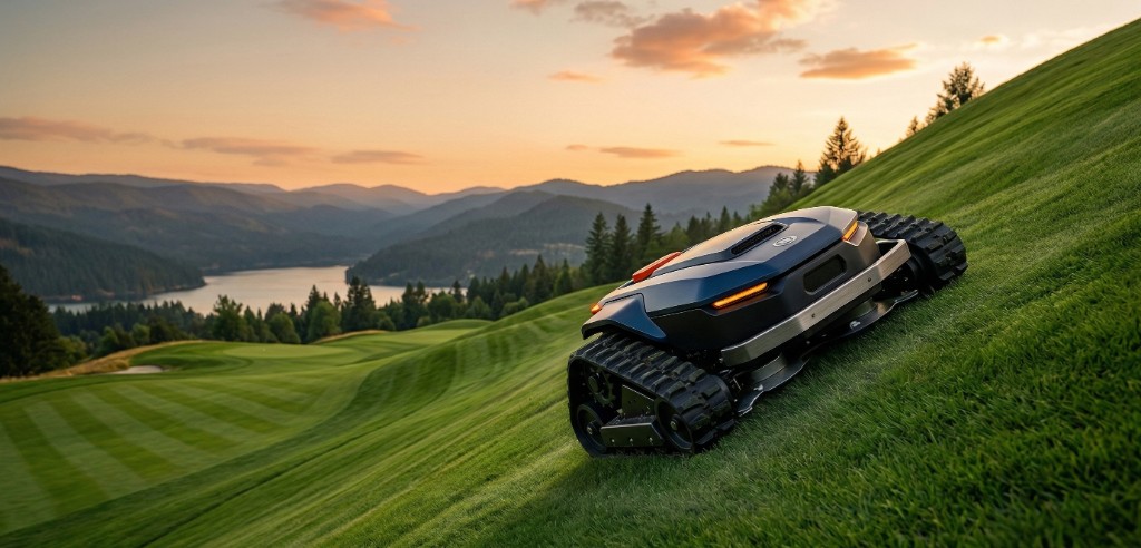 Autonomous robotic lawnmower with tank treads mowing a steep green hill overlooking a scenic mountain lake at sunset